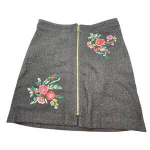 Loft Gray Skirt Wool Blend Floral Embroidered A-Line Gold Zipper Gold 4 JJ3988